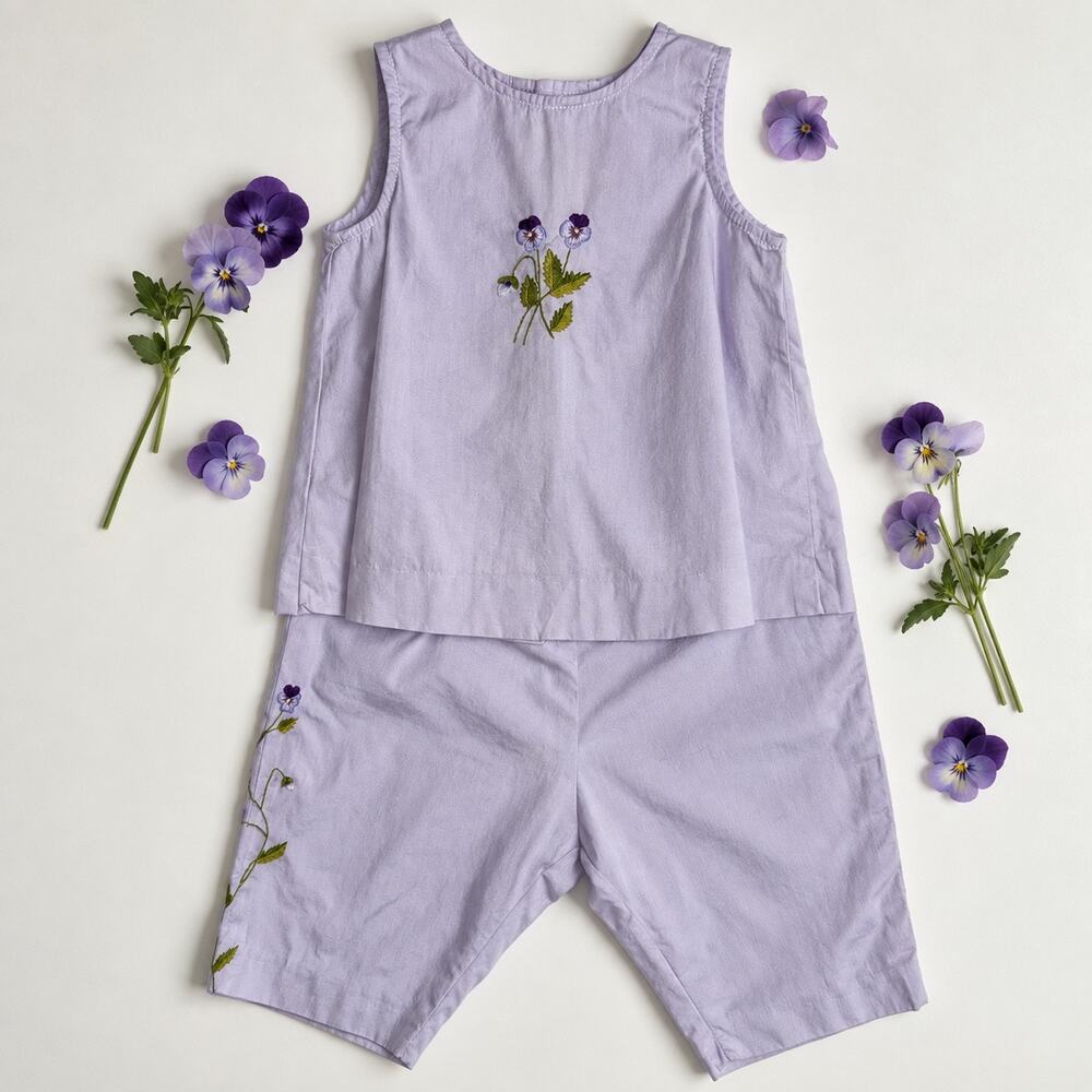 Bonpoint 18M Lavender Floral Embroidered Cotton 2 Piece Set